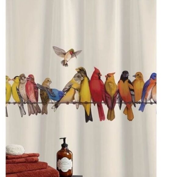 "NEW" 1pc  Bird Print Multicolor Shower Curtain W/ Plastic Hooks 71"x71" - Picture 2 of 9